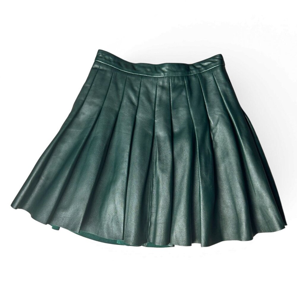 NWT All Saints Flore Leather Mini Skirt Pleated Bottle Green Women's Size 6‎